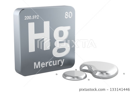 Mercury chemical element Hg with liquid mercury drops, 3D rendering Mercury chemical element Hg with liquid mercury drops, 3D rendering 133141446