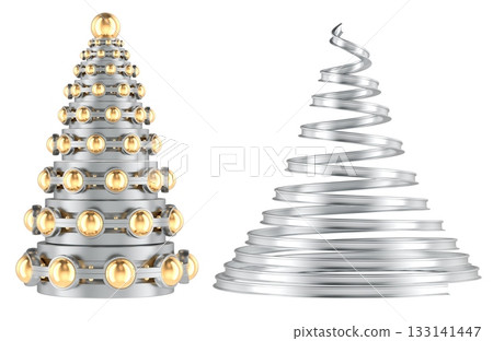 Metallic Christmas trees with gold ornaments and spiral design. 3D rendering Metallic Christmas trees with gold ornaments and spiral design. 3D rendering 133141447