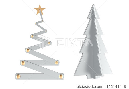 Minimalist metallic Christmas Trees with star and ornaments. 3D rendering 133141448