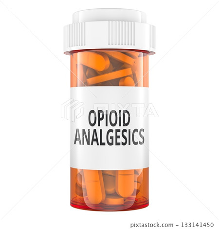 Opioid Analgesics prescription bottle. 3D rendering Opioid Analgesics prescription bottle. 3D rendering 133141450