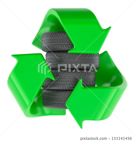 Tire recycling, concept. Green recycle symbol with car tires. 3D rendering Tire recycling, concept. Green recycle symbol with car tires. 3D rendering 133141456