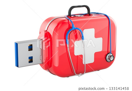 USB computer rescue kit, concept of computer virus recovery and emergency system repair. 3D rendering 133141458