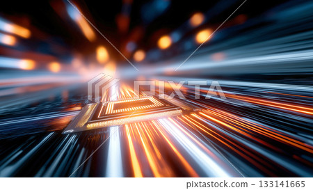 An image of future technology, with glittering lines of light running around a CPU on a shining computer board 133141665
