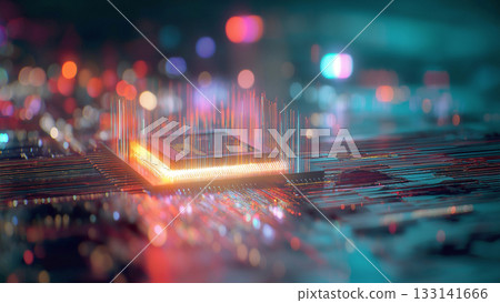 An image of future technology, with glittering lines of light running around a CPU on a shining computer board An image of future technology, with glittering lines of light running around a CPU on a shining computer board 133141666