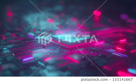 一幅展現未來科技的圖片,閃閃發光的線條圍繞著閃亮的電腦主機板上的CPU運行。 一幅展現未來科技的圖片,閃閃發光的線條圍繞著閃亮的電腦主機板上的CPU運行。 133141667