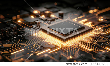 一幅展現未來科技的圖片，閃閃發光的線條圍繞著閃亮的電腦主機板上的CPU運行。 133141669