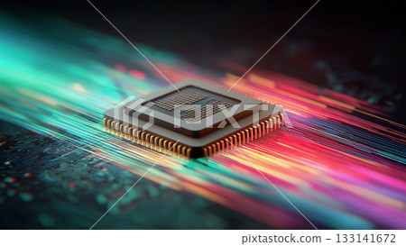 An image of future technology, with glittering lines of light running around a CPU on a shining computer board 133141672