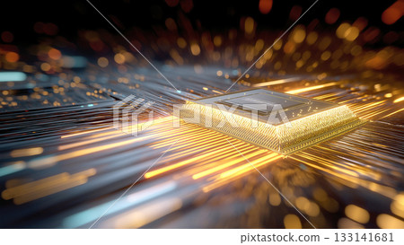 一幅展現未來科技的圖片，閃閃發光的線條圍繞著閃亮的電腦主機板上的CPU運行。 133141681