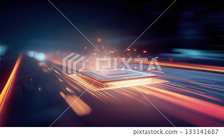 一幅展現未來科技的圖片,閃閃發光的線條圍繞著閃亮的電腦主機板上的CPU運行。 一幅展現未來科技的圖片,閃閃發光的線條圍繞著閃亮的電腦主機板上的CPU運行。 133141687