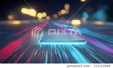 An image of future technology, with glittering lines of light running around a CPU on a shining computer board 133141689