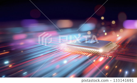 一幅展現未來科技的圖片，閃閃發光的線條圍繞著閃亮的電腦主機板上的CPU運行。 133141691