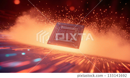 一幅展現未來科技的圖片,閃閃發光的線條圍繞著閃亮的電腦主機板上的CPU運行。 一幅展現未來科技的圖片,閃閃發光的線條圍繞著閃亮的電腦主機板上的CPU運行。 133141692