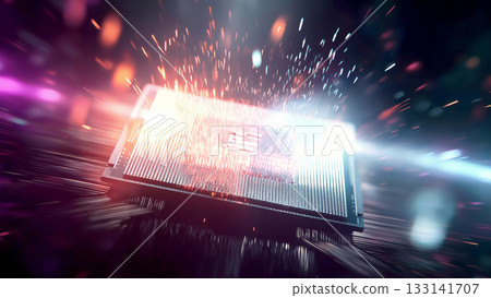 An image of future technology, with glittering lines of light running around a CPU on a shining computer board 133141707