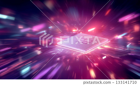 An image of future technology, with glittering lines of light running around a CPU on a shining computer board 133141710