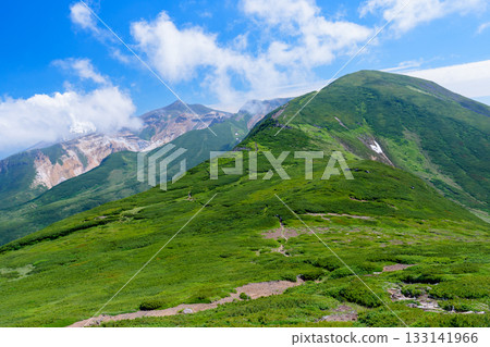 從北海道富良野山登山道眺望十勝山的夏季山景 從北海道富良野山登山道眺望十勝山的夏季山景 133141966