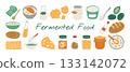 Hand drawn fermented food doodle illustration set. Textured color clipart collection of probiotic gut health elements like kimchi, sourdough, and kombucha. 133142072