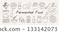Hand drawn fermented food doodle set with probiotic gut health elements. Collection includes kimchi, sourdough, kombucha, kefir, yogurt, and miso illustration. 133142073