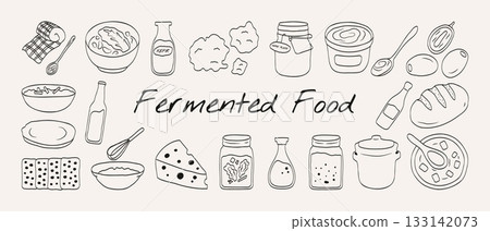 Hand drawn fermented food doodle set with probiotic gut health elements. Collection includes kimchi, sourdough, kombucha, kefir, yogurt, and miso illustration. 133142073