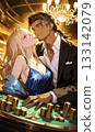 一對在賭場大贏的夫妻。隔著硬幣接吻。動漫風格的AI插畫，也可作為垂直螢幕影片的縮圖。 133142079