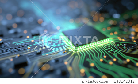 A futuristic image of AI and cloud computing, with a CPU floating in the center of a circuit board illuminated by sparkling green, blue, and yellow lights. 133142312