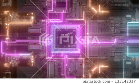 A futuristic image of AI and cloud computing, with a CPU floating in the center of a circuit board illuminated by sparkling purple and blue lights. A futuristic image of AI and cloud computing, with a CPU floating in the center of a circuit board illuminated by sparkling purple and blue lights. 133142337