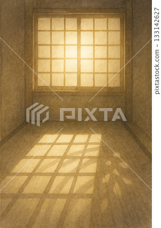 光影系列：日式背景，格子窗的陰影在地板上投射出圖案。 133142627