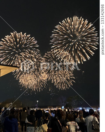 people looking up at fireworks 133142698