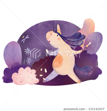 Cute chubby unicorn prancing with fireflies in magical night forest, flowers, purple sky. Kids illustration for children's book, nursery decor, planner Cute chubby unicorn prancing with fireflies in magical night forest, flowers, purple sky. Kids illustration for children's book, nursery decor, planner 133142837