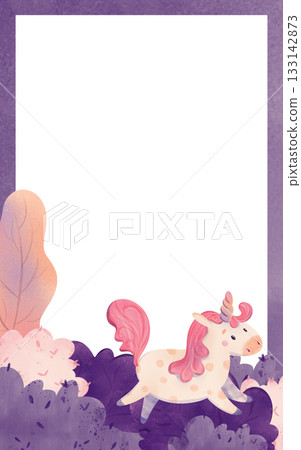 Cute whimsical unicorn with pink mane jumping over magical bushes in dreamy watercolor style. Perfect for children's books, nursery decor, greeting cards, stickers, designs. Adorable kids illustration Cute whimsical unicorn with pink mane jumping over magical bushes in dreamy watercolor style. Perfect for children's books, nursery decor, greeting cards, stickers, designs. Adorable kids illustration 133142873