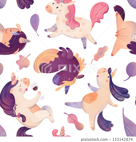 Cute seamless chubby unicorn pattern prancing in magical night forest Cute kids watercolor repeat for fabric, wallpaper, nursery decor, planner, art for kids, perfect for stationary designs, printable 133142874