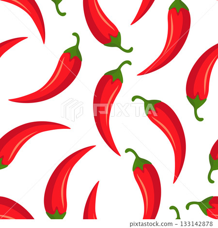 Vector Seamless Pattern with Red Chili Peppers, Vector Illustration. Hot Spicy Chili Pepper Background for Mexican Food, Cooking Design. Heat Ingredient, Fresh Organic Pepper Print Vector Seamless Pattern with Red Chili Peppers, Vector Illustration. Hot Spicy Chili Pepper Background for Mexican Food, Cooking Design. Heat Ingredient, Fresh Organic Pepper Print 133142878