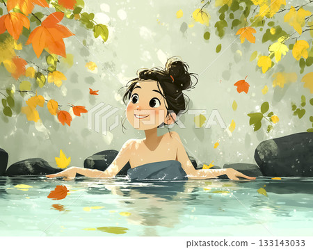 Miyu Series: Miyu relaxing in an open-air bath surrounded by autumn leaves 133143033