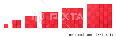 Red wooden cubes, arranged in squares, visualizing square numbers and perfect squares from 1 to 6. For example, the square number of six is 36, shown on the far right side. Isolated, from above. Photo Red wooden cubes, arranged in squares, visualizing square numbers and perfect squares from 1 to 6. For example, the square number of six is 36, shown on the far right side. Isolated, from above. Photo 133143213