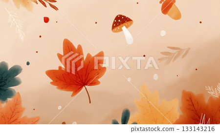 A seamless pattern of autumn leaves, mushrooms, and acorns gently fluttering on a beige canvas. A seamless pattern of autumn leaves, mushrooms, and acorns gently fluttering on a beige canvas. 133143216