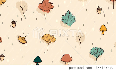 秋葉、蘑菇和橡實在米色畫布上輕輕飄動，構成一幅渾然一體的圖案。 133143249