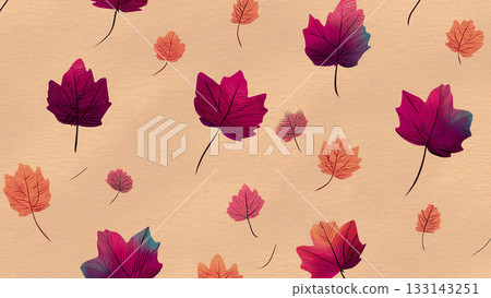 A seamless pattern of autumn leaves, mushrooms, and acorns gently fluttering on a beige canvas. A seamless pattern of autumn leaves, mushrooms, and acorns gently fluttering on a beige canvas. 133143251