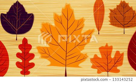 A seamless pattern of autumn leaves, mushrooms, and acorns gently fluttering on a beige canvas. 133143252