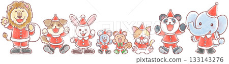A row of cute animals dressed in Christmas costumes A row of cute animals dressed in Christmas costumes 133143276