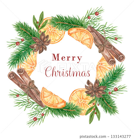 A round Christmas wreath made of fir branches, orange slices, cranberries, cinnamon, anise. A winter watercolor frame for decorating postcards, menus, holiday decor. Border with space for text 133143277