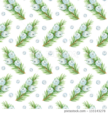 Pine branches with berries, a seamless watercolor pattern for Christmas decoration. Hand-drawn spruce branches with white berries for winter holiday decor. Background with a juniper coniferous plant 133143278
