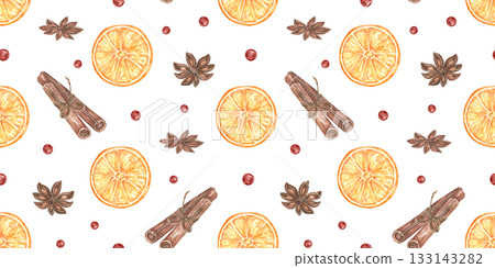 Seamless pattern with spicy spices for a hot drink: orange slices, cinnamon, anise, and cranberries. Vintage watercolor pattern for Christmas textiles, holiday menus, and wrapping paper. 133143282