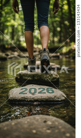 A person wearing hiking boots steps across a forest stream on stepping stones, with the year 2026 clearly visible on a stone, under dappled green light. 133143434