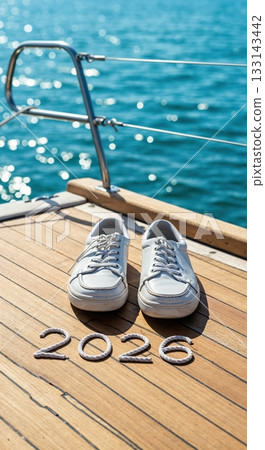 A pair of clean white sneakers rests on a teak boat deck, with the year 2026 formed by rope, overlooking sparkling blue ocean water under bright sunlight. A pair of clean white sneakers rests on a teak boat deck, with the year 2026 formed by rope, overlooking sparkling blue ocean water under bright sunlight. 133143442