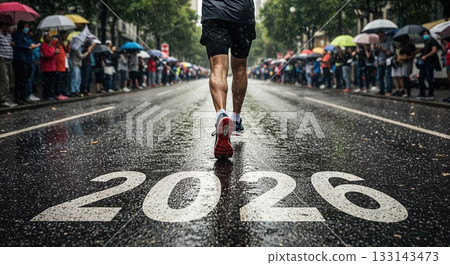 A determined runner's legs move forward on a slick, wet asphalt road marked with the year 2026, observed by a blurred crowd holding colorful umbrellas in the rain. 133143473