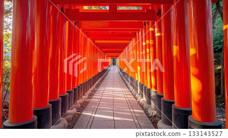 This photo shows a straight view of the approach to the shrine lined with countless vermilion Kyoto torii gates. The light filtering in sparkles and shimmers. 133143527