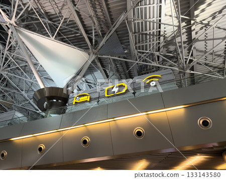 Capsule hotel at airport with illuminated symbols indicating where to sleep, charge your phone and access free Wi Fi. Sleeping at airport during flight delay. Sleeping capsule room 133143580