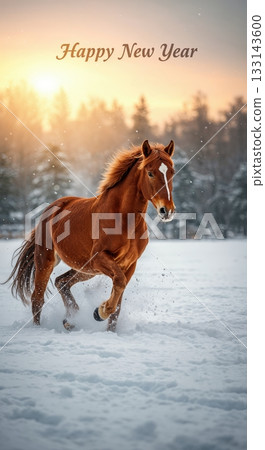 A majestic chestnut horse with a white blaze gallops through fresh deep snow in a serene winter forest at golden hour, highlighted by warm sunlight and Happy New Year text. 133143600
