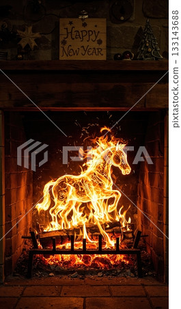 A roaring fireplace features a mystical fire horse within its vibrant flames, topped by a Happy New Year sign and festive decorations. 133143688