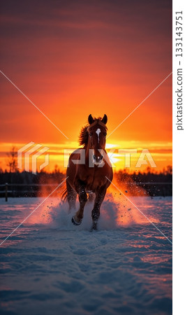 A majestic brown horse with a white blaze gallops powerfully through deep snow, kicking up a dramatic spray against a vibrant orange and red sunset sky. 133143751
