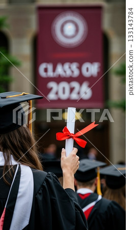 A university graduate in cap and gown holds a diploma with a red ribbon, standing among peers before a blurred Class of 2026 banner. A university graduate in cap and gown holds a diploma with a red ribbon, standing among peers before a blurred Class of 2026 banner. 133143784